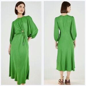 Farm Rio Green Solid Blouson Sleeve Cutout Midi Dress Size XS